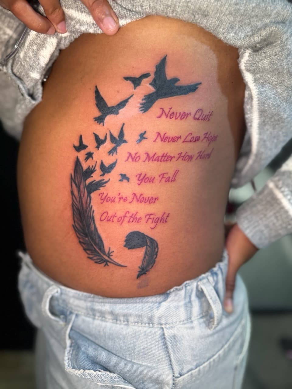 Lettering + Script birds tattoo on Ribs by TattedByEjai on TattMe