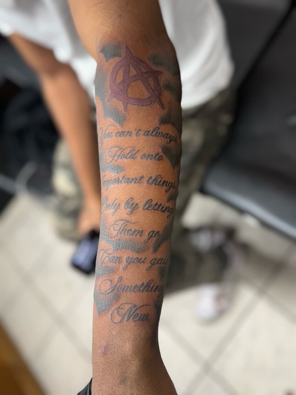 Lettering + Script anarchist symbol tattoo on Forearm by TattedByEjai on TattMe