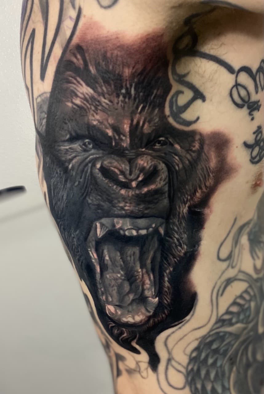 Realism + Black & Grey gorilla tattoo on Upper Arm by Sir_Julius_Tattz on TattMe