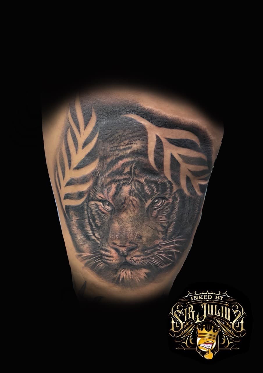 Black & Grey + Realism tiger tattoo on Upper Arm by Sir_Julius_Tattz on TattMe