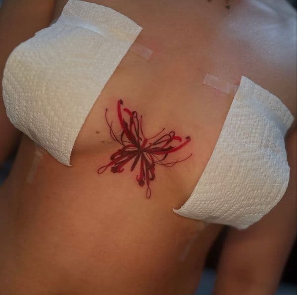 Fine Line + Color flower tattoo on Sternum by Tattoos_by_Sinderella on TattMe