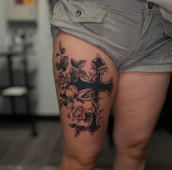 Black & Grey + Floral cross tattoo on Thigh by Tattoos_by_Sinderella on TattMe