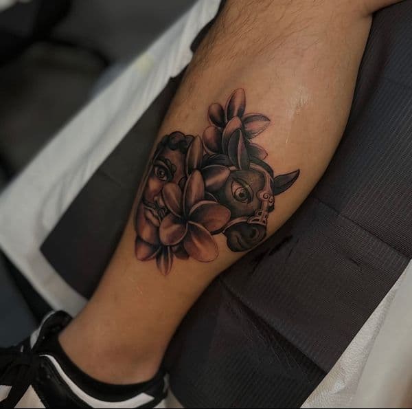 Black & Grey + Illustrative human face tattoo on Calf by Tattoos_by_Sinderella on TattMe