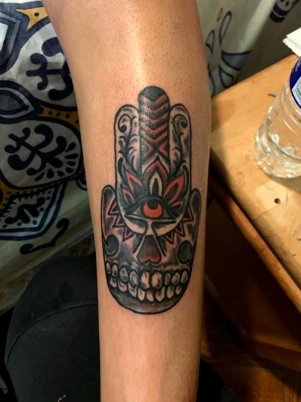 Black & Grey + Neo-Traditional hamsa hand tattoo on Calf by Tattsbygxd on TattMe