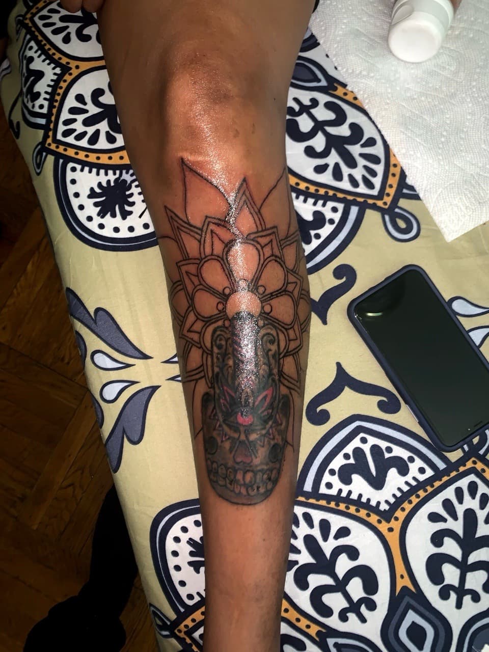 Black & Grey + Mandala skull tattoo on Knee by Tattsbygxd on TattMe