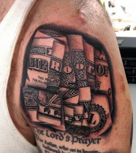 Black & Grey + Illustrative Realism paper tattoo on Upper Arm by Tattsbygxd on TattMe