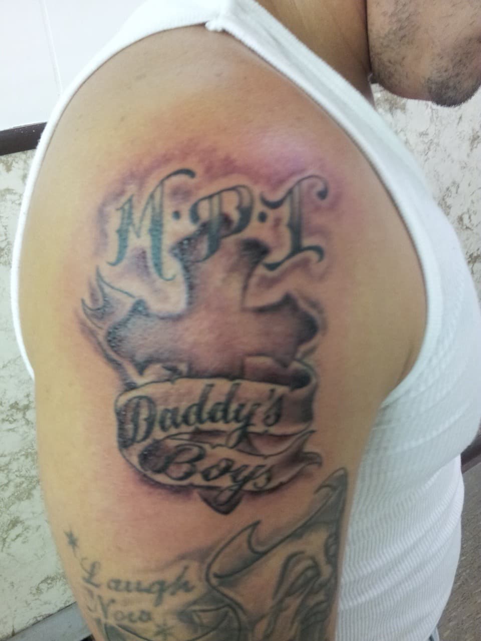 Lettering + Script cross tattoo on Shoulder by Tattsbygxd on TattMe