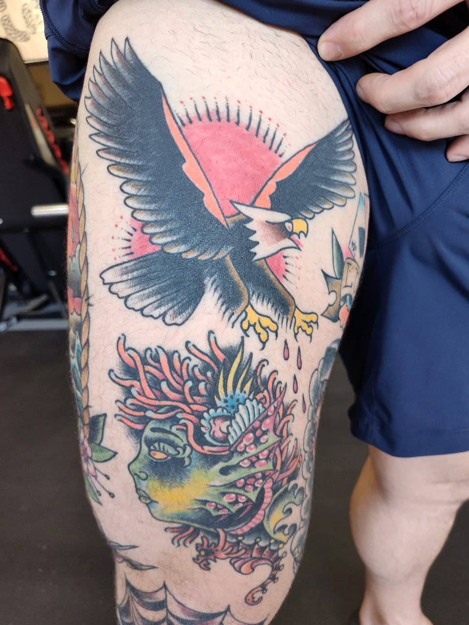 American Traditional + Color eagle tattoo on Thigh by Altered_Image_Tattoo on TattMe