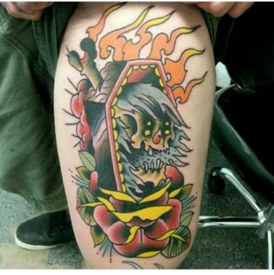 Traditional + American Traditional skull tattoo on Thigh by Altered_Image_Tattoo on TattMe