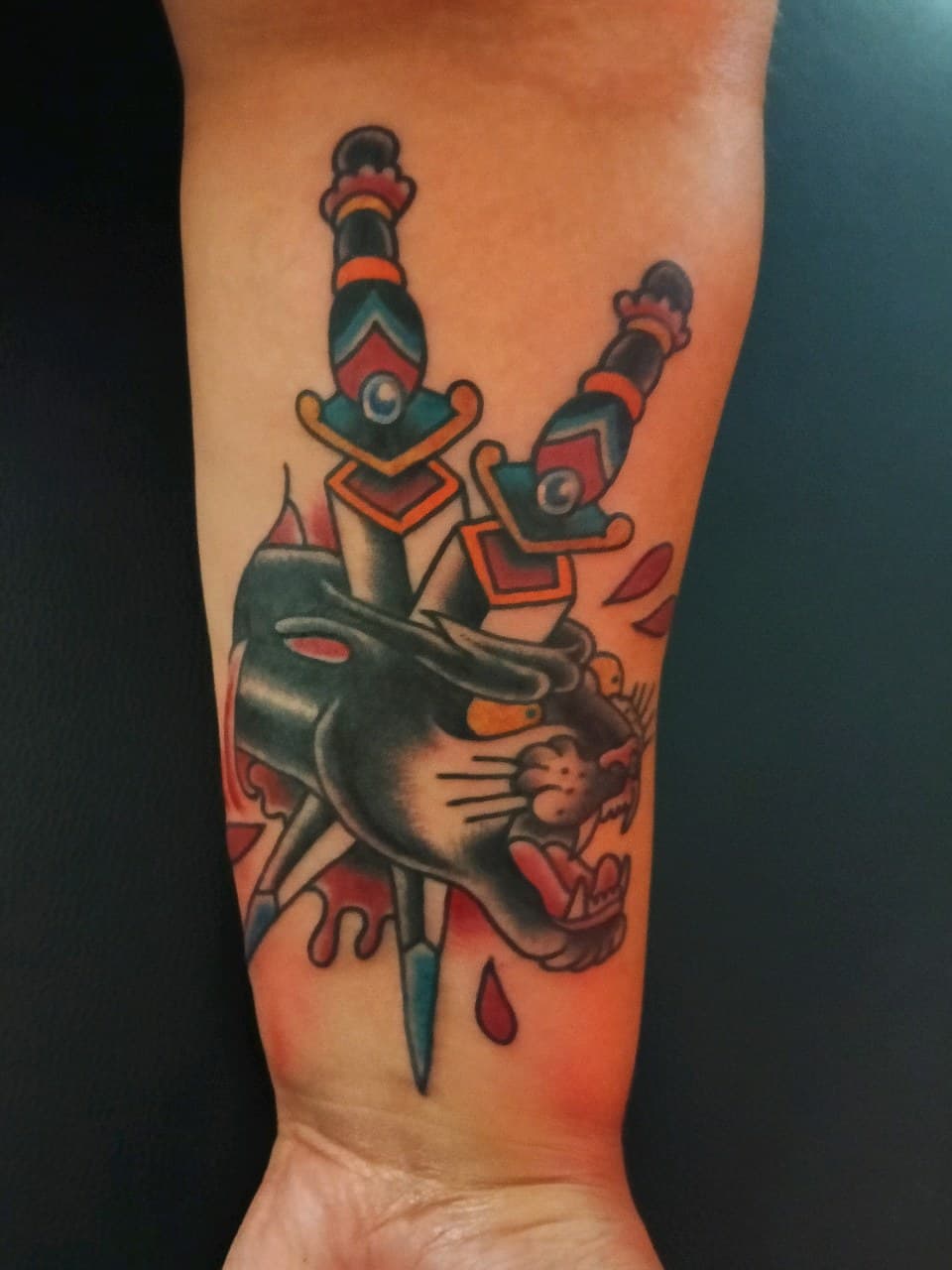 American Traditional + Color panther tattoo on Forearm by Altered_Image_Tattoo on TattMe