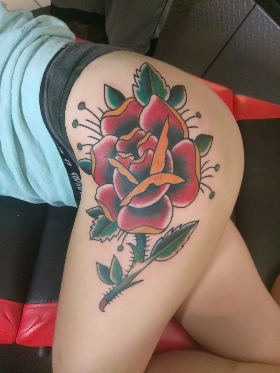 Traditional + American Traditional rose tattoo on Thigh by Altered_Image_Tattoo on TattMe