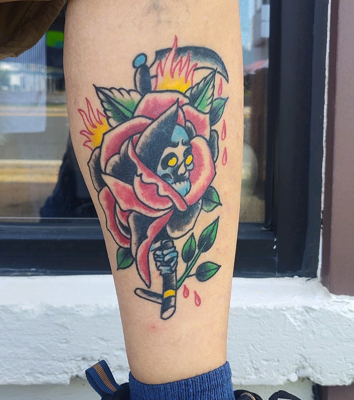 Traditional + Color skull tattoo on Calf by Altered_Image_Tattoo on TattMe