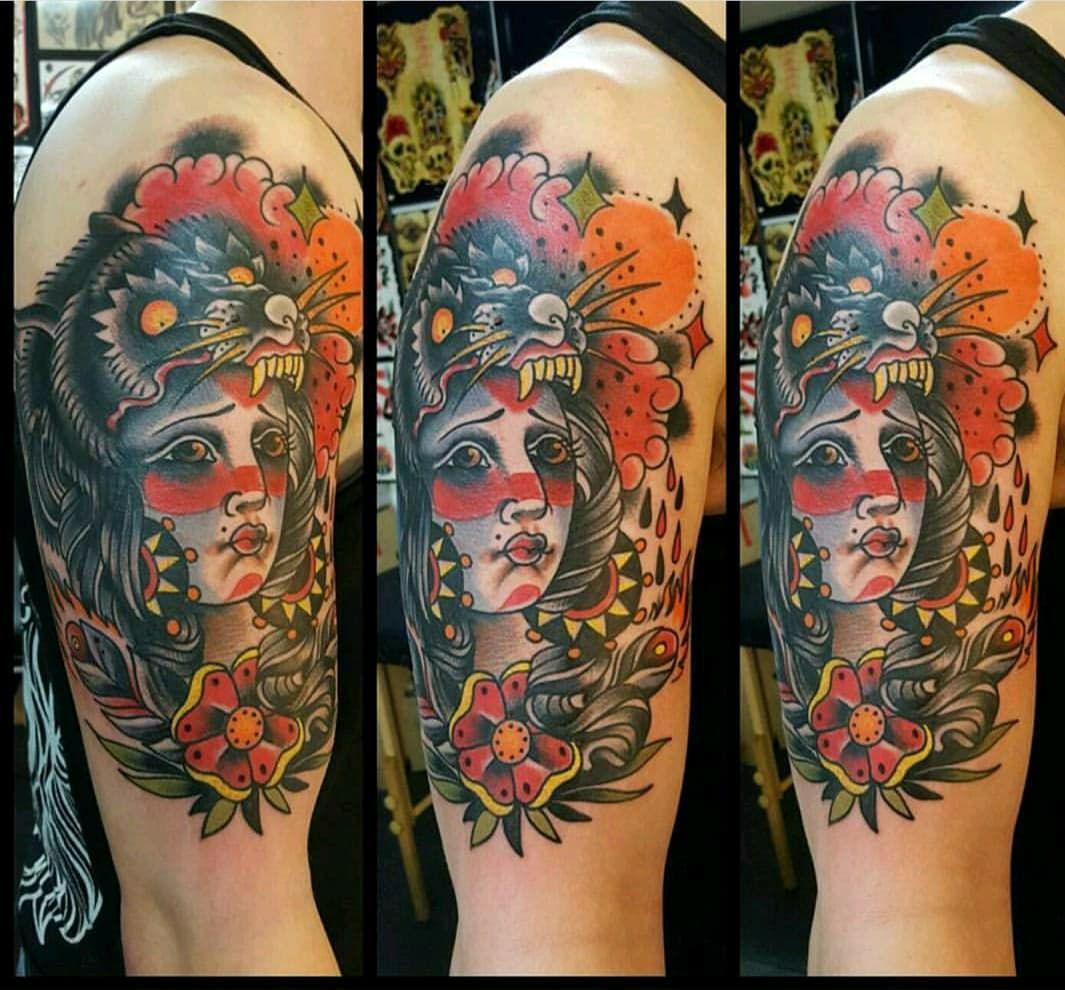 American Traditional + Color woman tattoo on Upper Arm by Altered_Image_Tattoo on TattMe