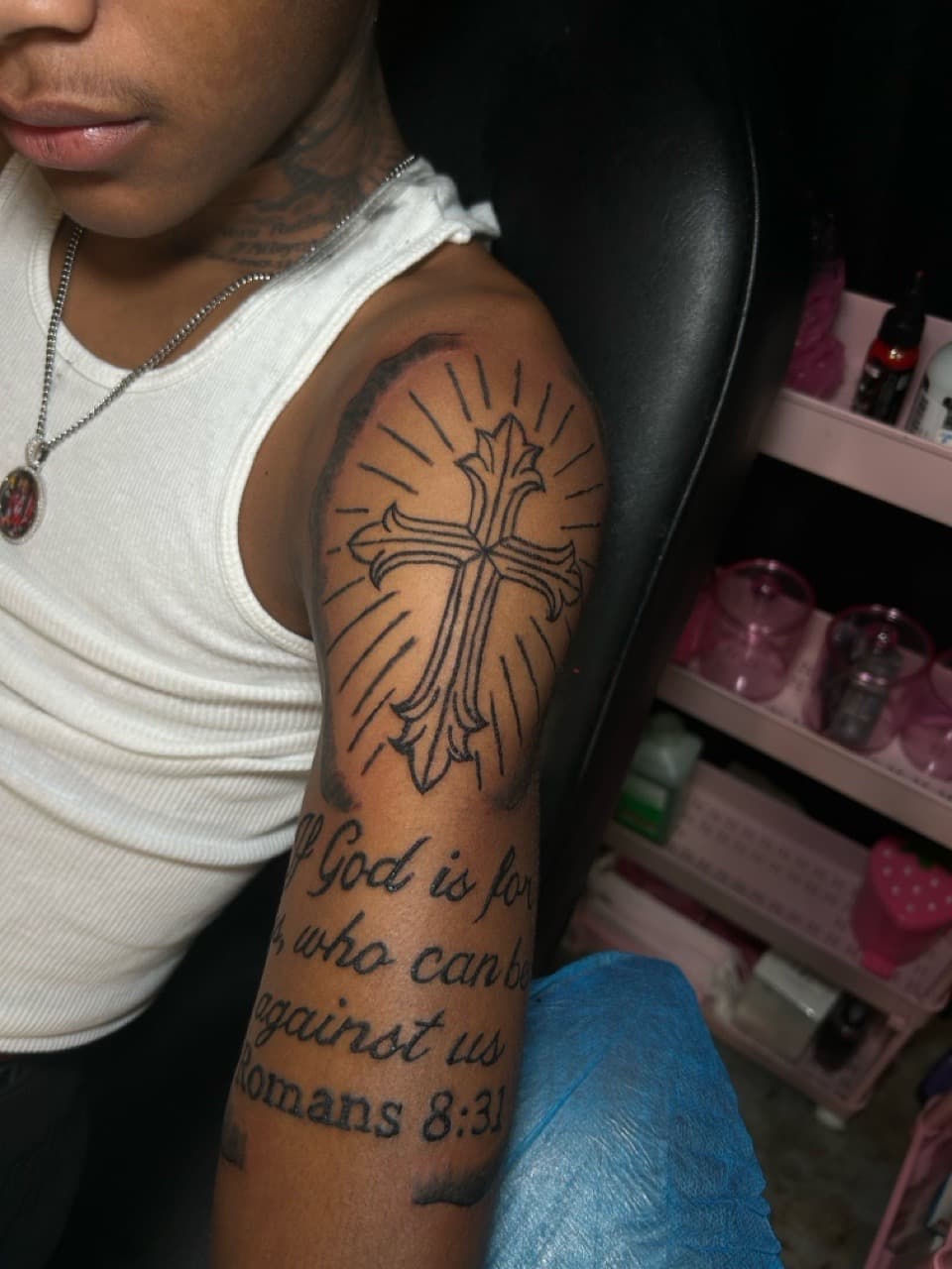 Black-work + Line-work cross tattoo on Upper Arm by Nya_inked_it on TattMe
