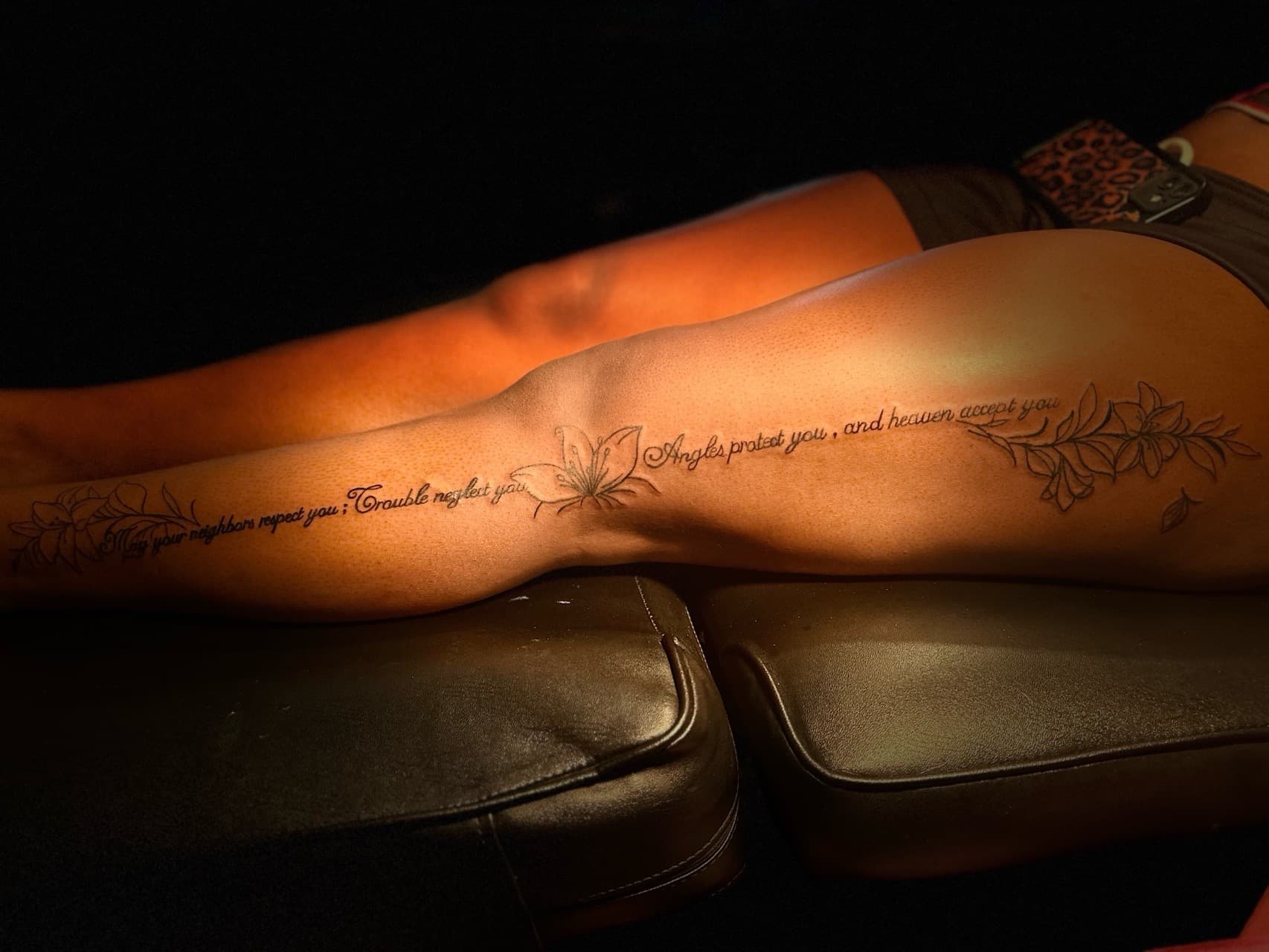Lettering + Floral flowers tattoo on Thigh by Nya_inked_it on TattMe