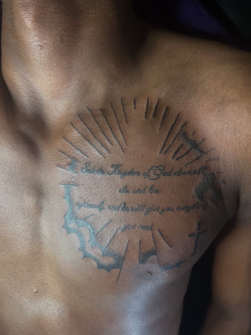 Lettering + Script religious text tattoo on Chest by Nya_inked_it on TattMe