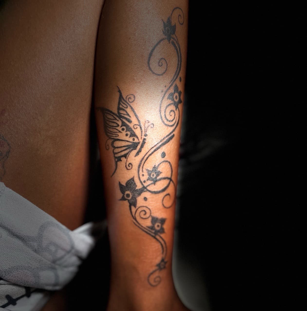 Black-work + Floral butterfly tattoo on Calf by Nya_inked_it on TattMe