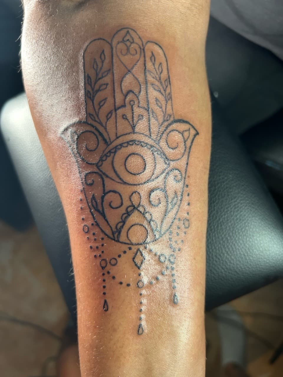 Fine Line + Line-work hamsa hand tattoo on Forearm by Nya_inked_it on TattMe