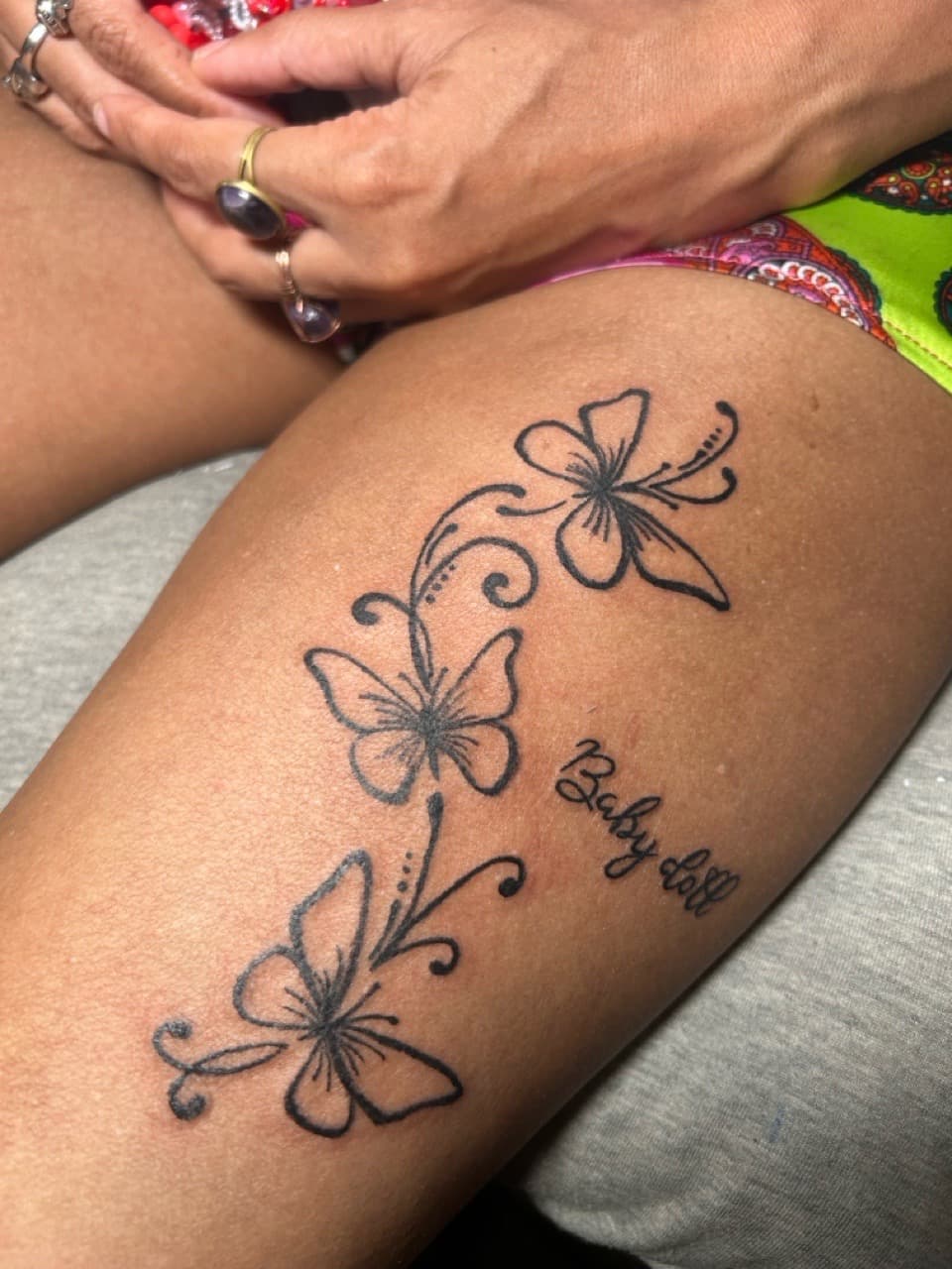 Fine Line + Black-work butterflies tattoo on Thigh by Nya_inked_it on TattMe