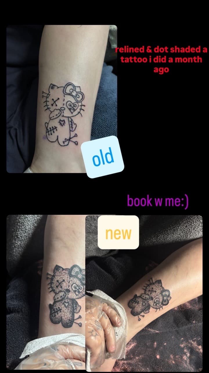 Dot-work + Black-work hello kitty tattoo on Ankle by oaktreetattoos on TattMe