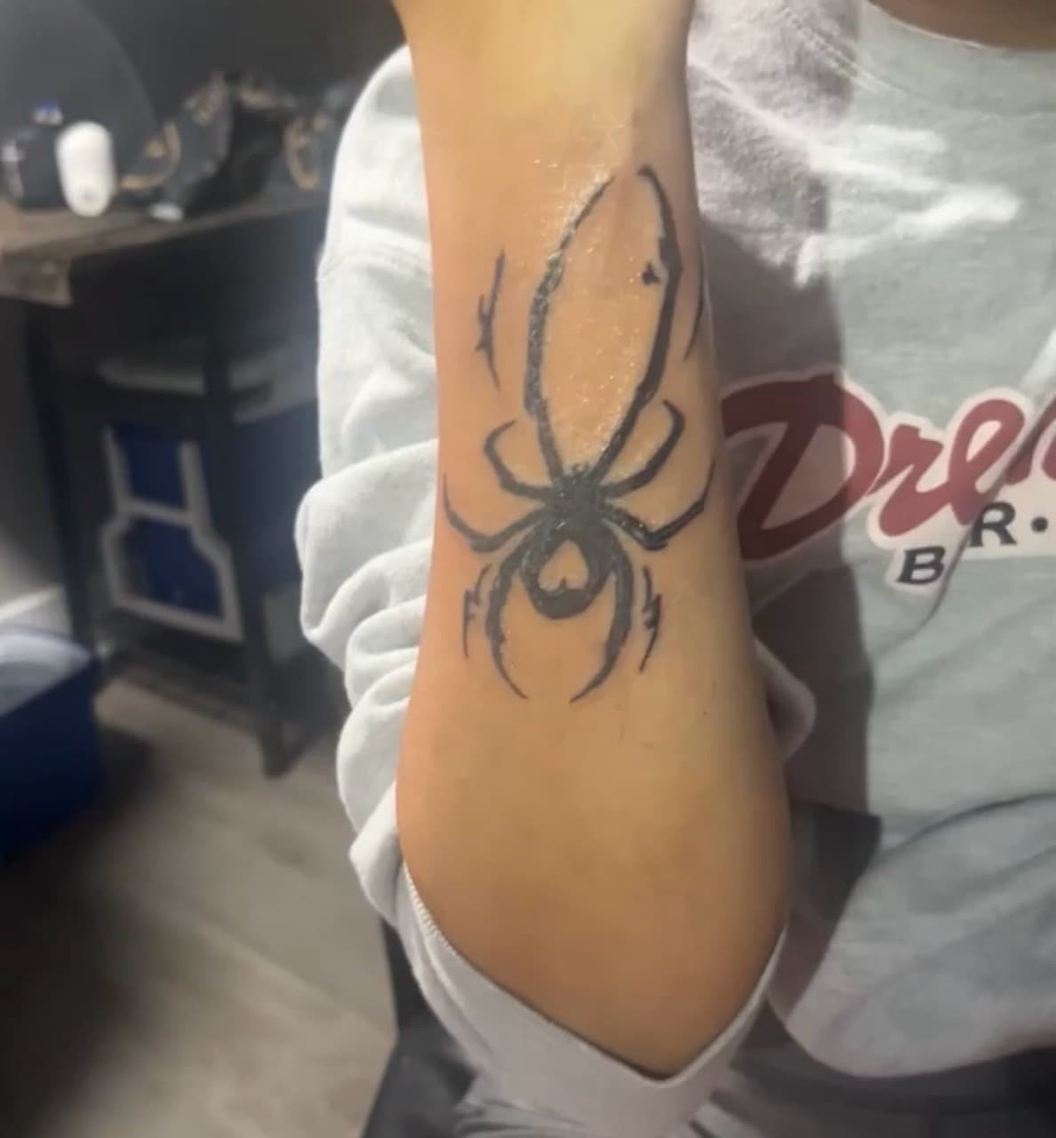 Black-work + Illustrative spider tattoo on Forearm by inkedbyk on TattMe