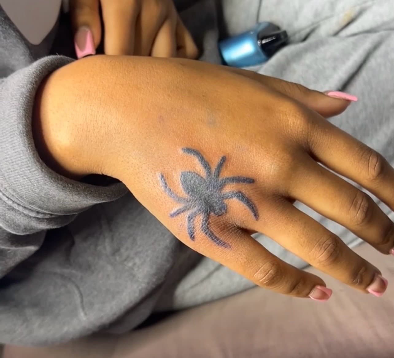 Black-work + Illustrative spider tattoo on Hand by inkedbyk on TattMe