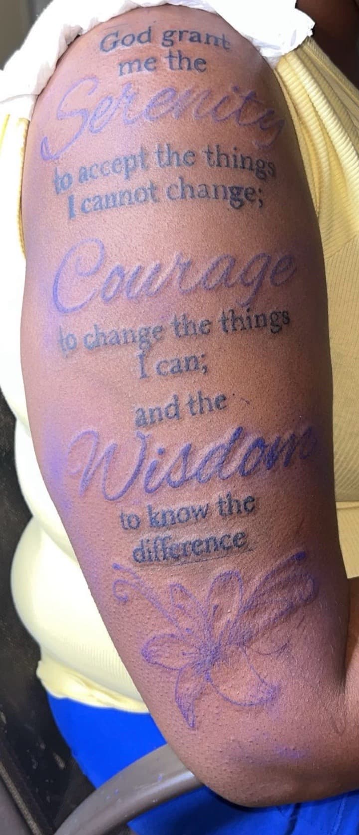 Lettering + Script serenity prayer tattoo on Upper Arm by inkedbyk on TattMe