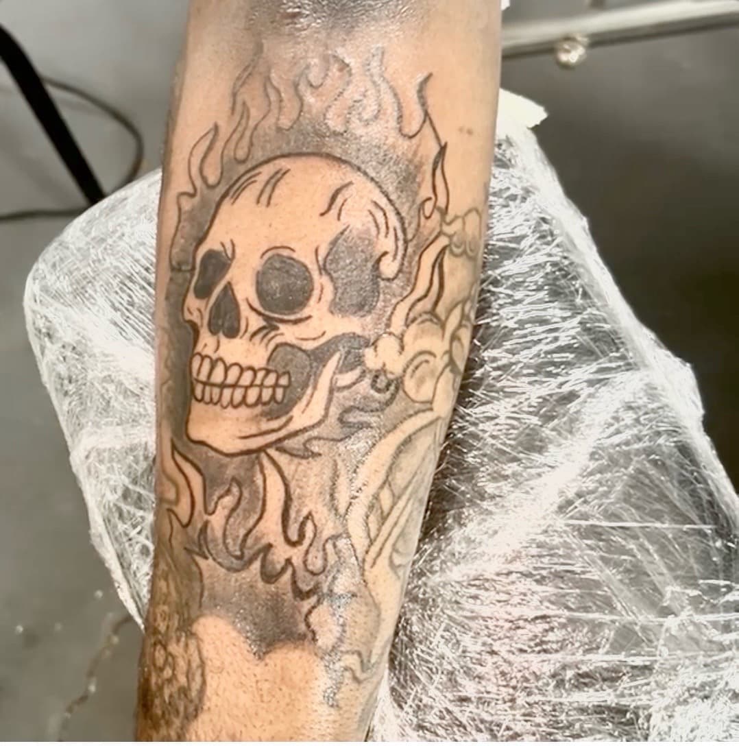 Black & Grey + Illustrative skull tattoo on Forearm by inkedbyk on TattMe