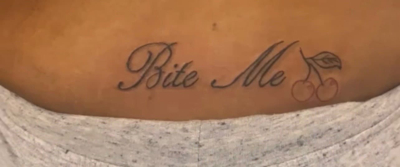 Lettering + Script cherries tattoo on Lower Back by inkedbyk on TattMe