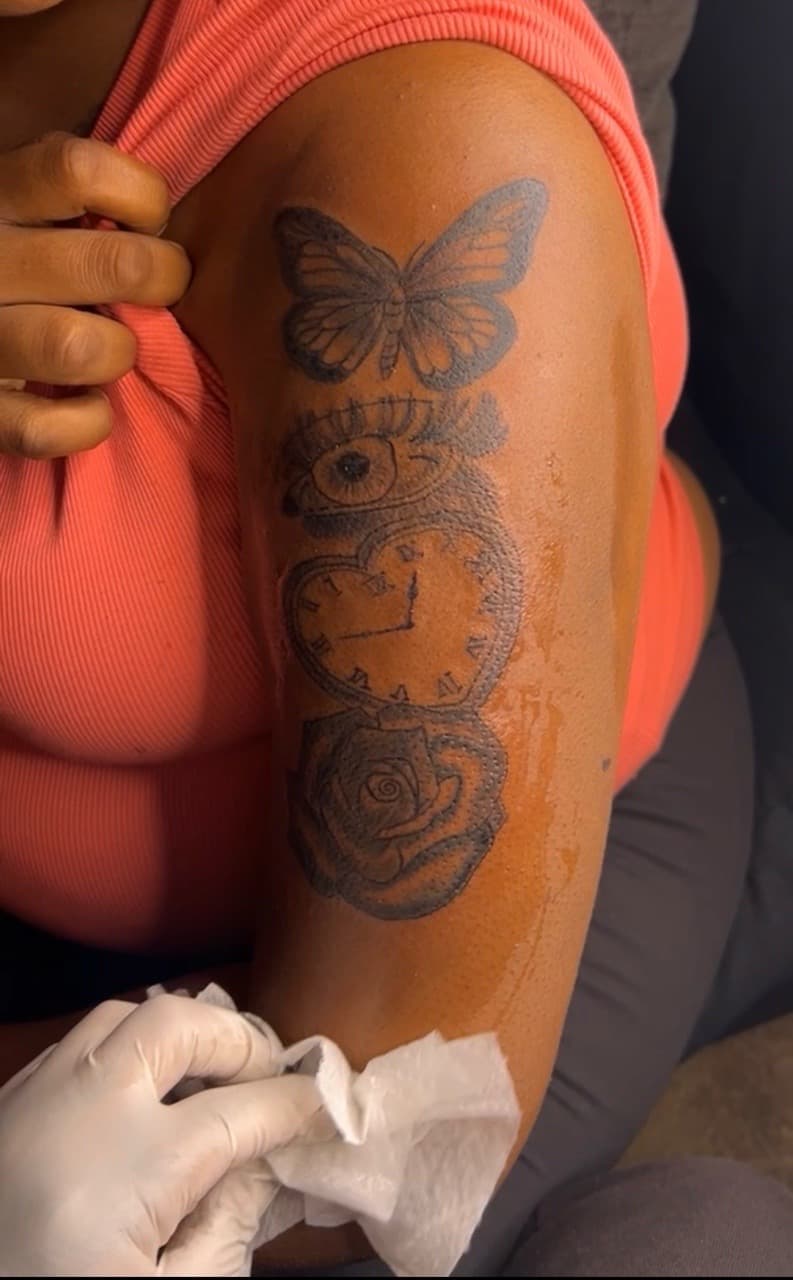 Black-work + Line-work butterfly tattoo on Upper Arm by inkedbyk on TattMe