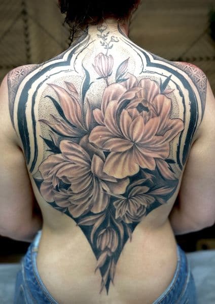 Floral + Black & Grey flowers tattoo on Upper Back by Gifted_Body_Art on TattMe