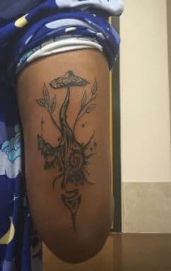 Fine Line + Black-work mushroom tattoo on Upper Arm by mickeyzmetalz on TattMe