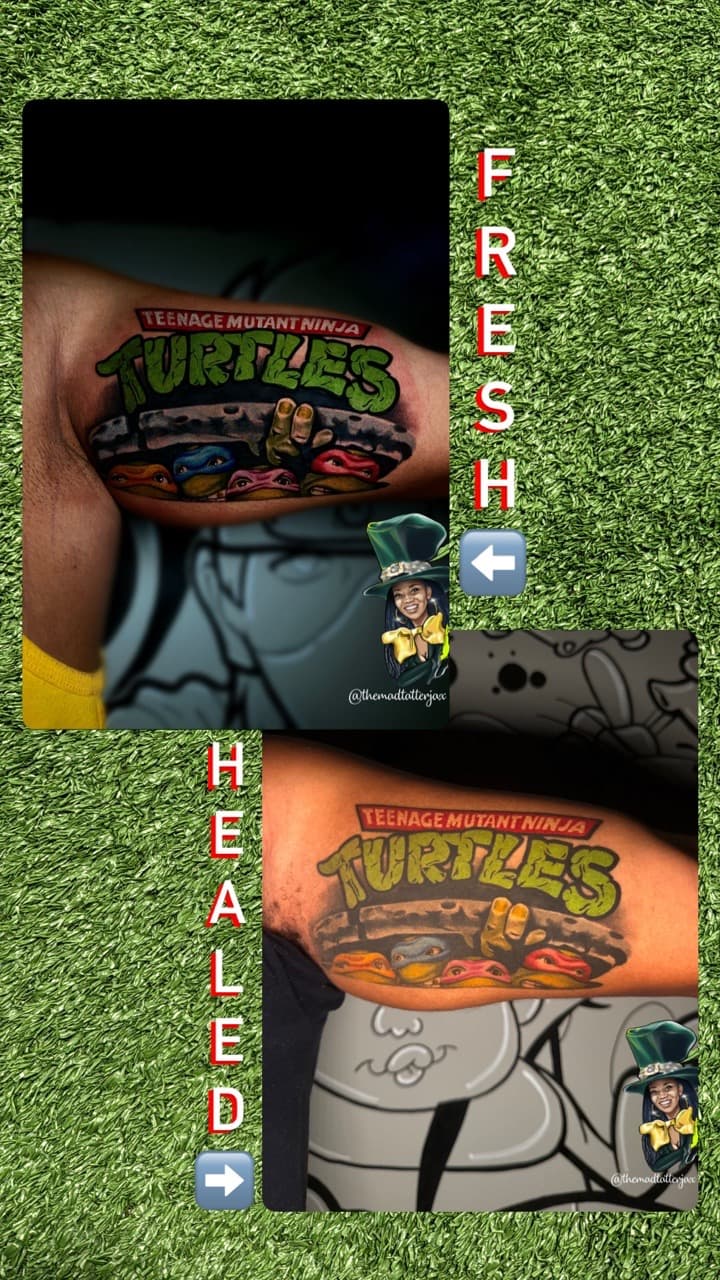 Color + Illustrative turtles tattoo on Upper Arm by TheMadTatter on TattMe