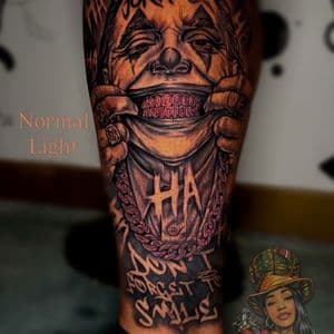 Realism + Black & Grey joker tattoo on Calf by TheMadTatter on TattMe