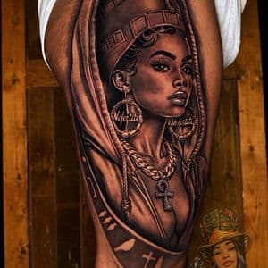 Black & Grey + Realism queen tattoo on Thigh by TheMadTatter on TattMe