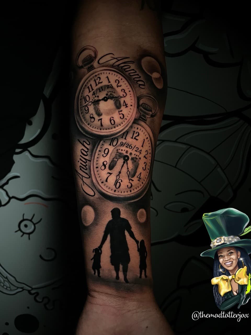 Black & Grey + Script pocket watches tattoo on Forearm by TheMadTatter on TattMe