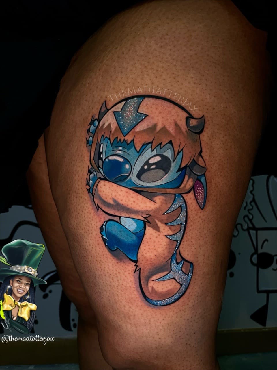 Cartoon + Color stitch tattoo on Thigh by TheMadTatter on TattMe
