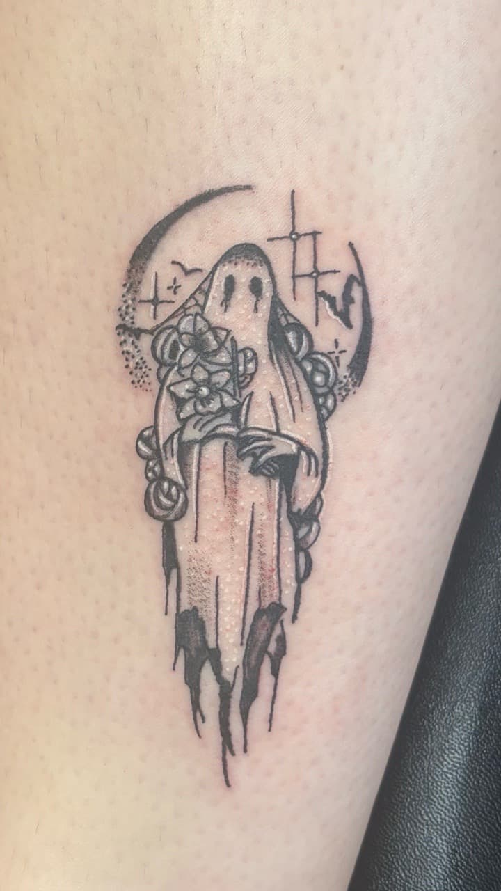Black-work + Dot-work ghost tattoo on Thigh by Taking_Art_2_The_Streets on TattMe