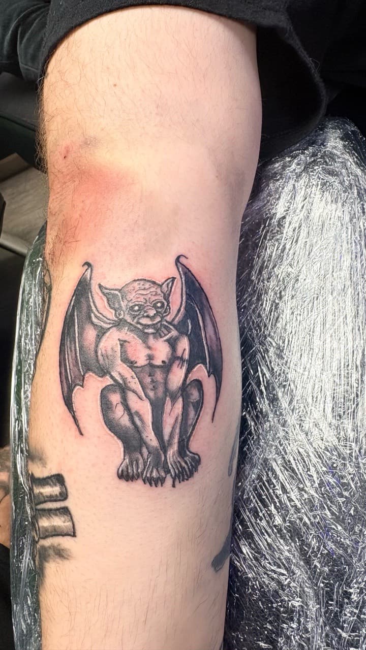 Black & Grey + Gothic gargoyle tattoo on Calf by Taking_Art_2_The_Streets on TattMe