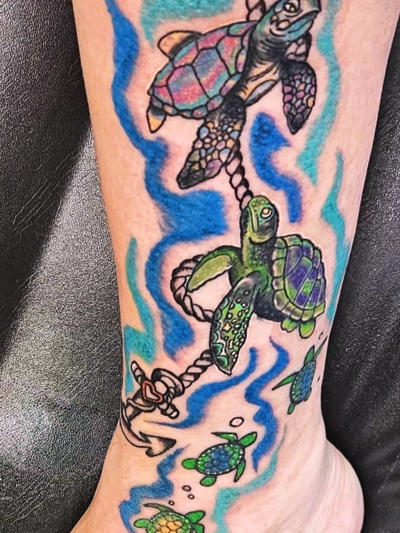 Color + Illustrative turtles tattoo on Calf by Taking_Art_2_The_Streets on TattMe
