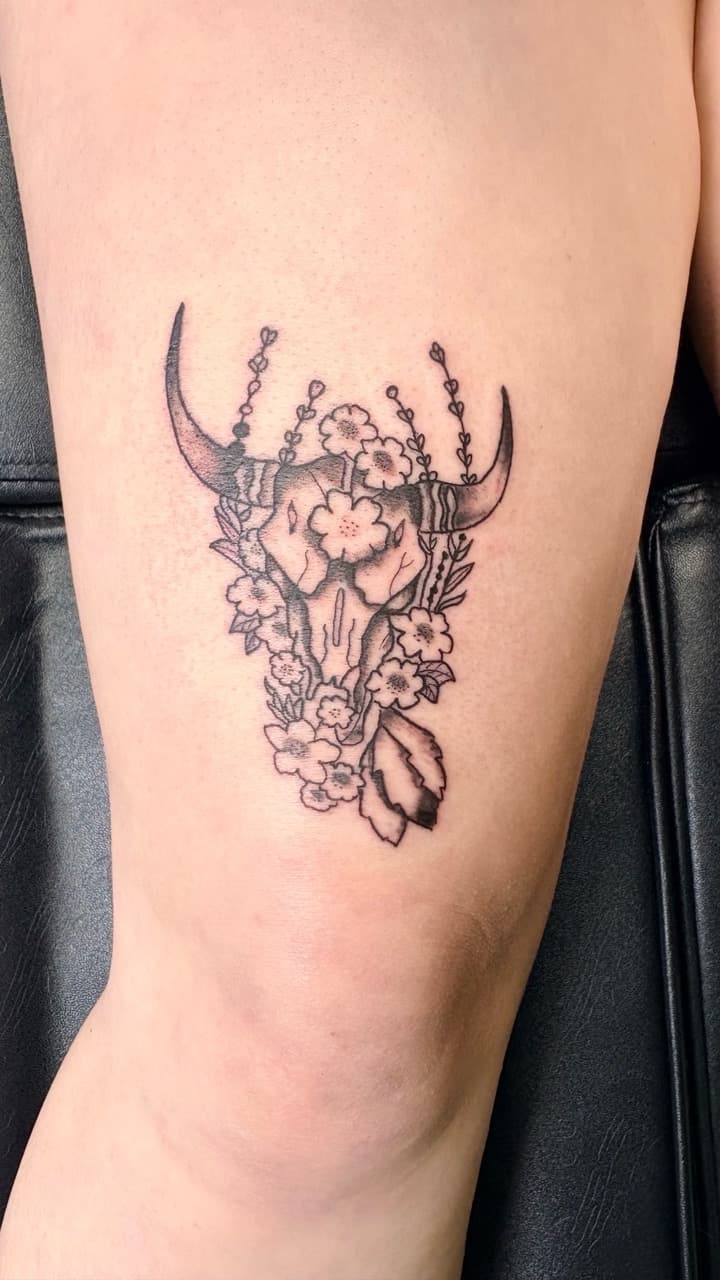 Fine Line + Black & Grey skull tattoo on Thigh by Taking_Art_2_The_Streets on TattMe
