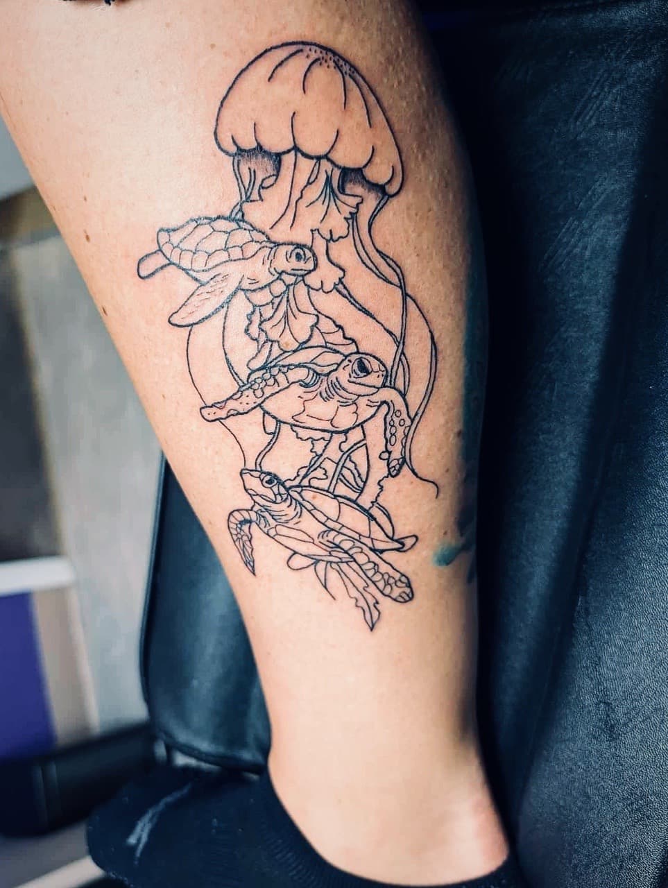 Line-work + Fine Line jellyfish tattoo on Calf by Taking_Art_2_The_Streets on TattMe