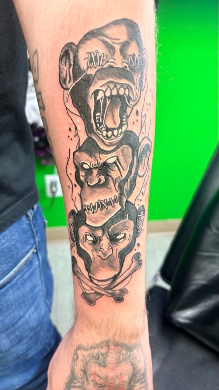 Black & Grey + Illustrative monkeys tattoo on Forearm by Taking_Art_2_The_Streets on TattMe