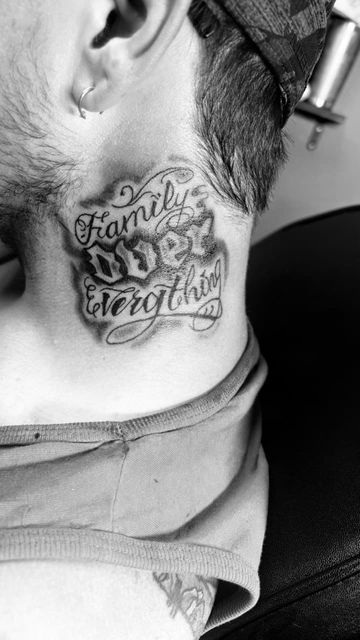 Lettering + Script family tattoo on Neck (Side) by Taking_Art_2_The_Streets on TattMe