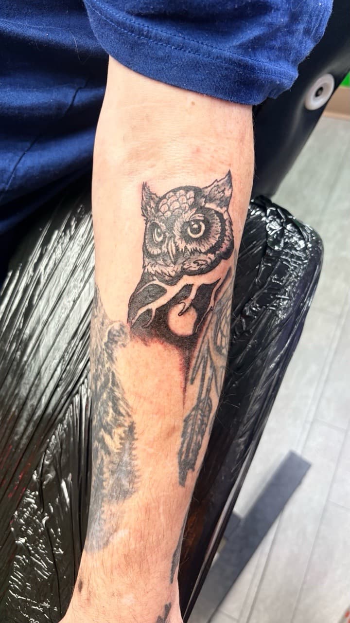 Black & Grey + Illustrative owl tattoo on Forearm by Taking_Art_2_The_Streets on TattMe