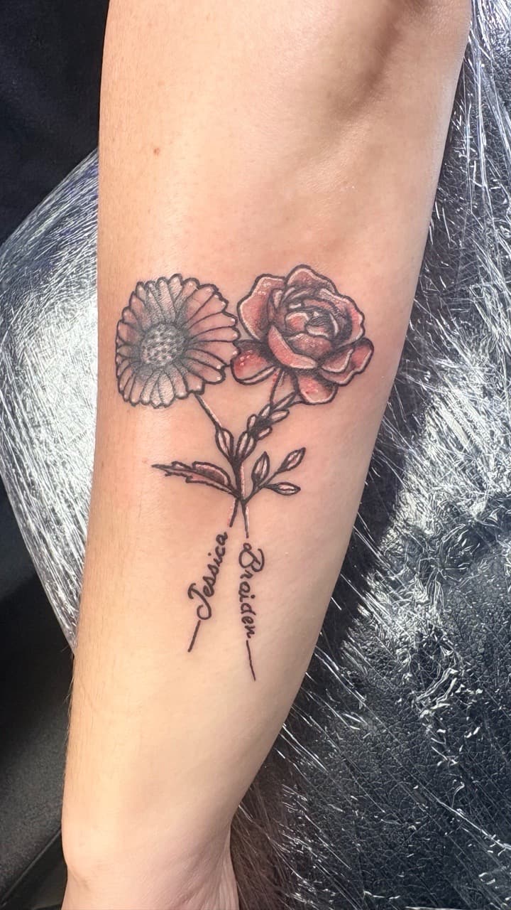 Floral + Lettering flowers tattoo on Forearm by Taking_Art_2_The_Streets on TattMe