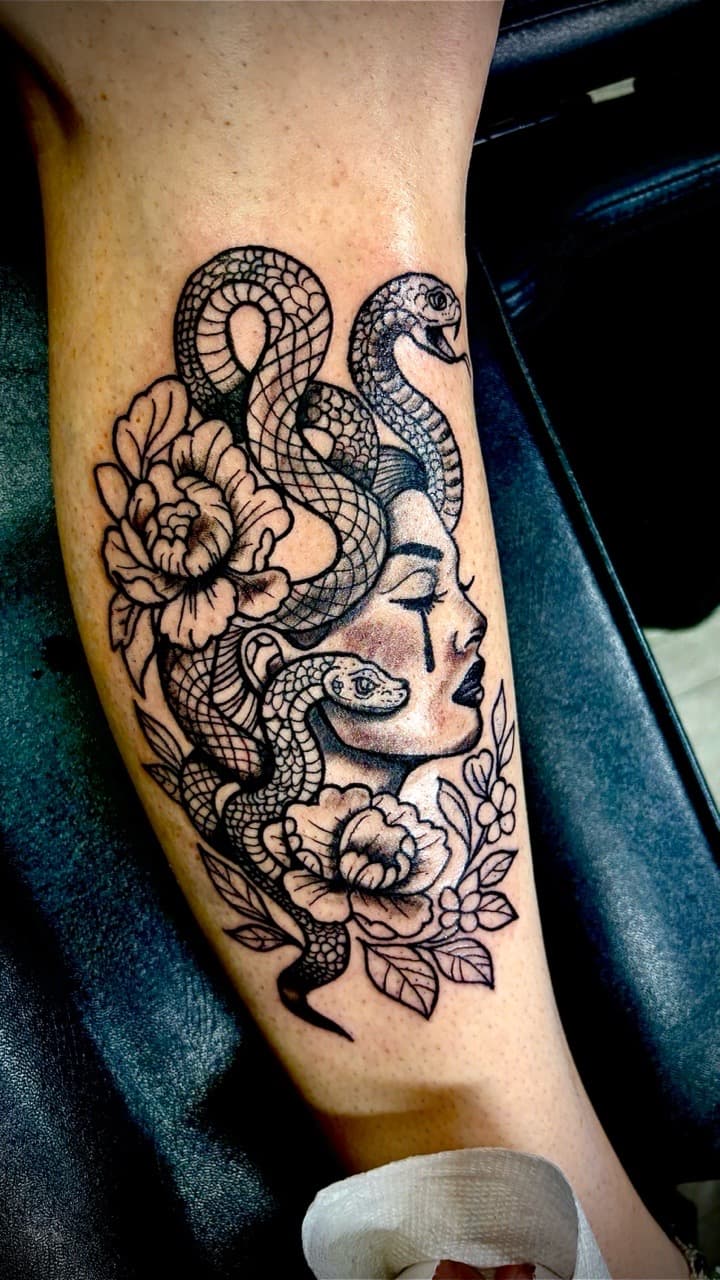 Black & Grey + Illustrative medusa tattoo on Calf by Taking_Art_2_The_Streets on TattMe