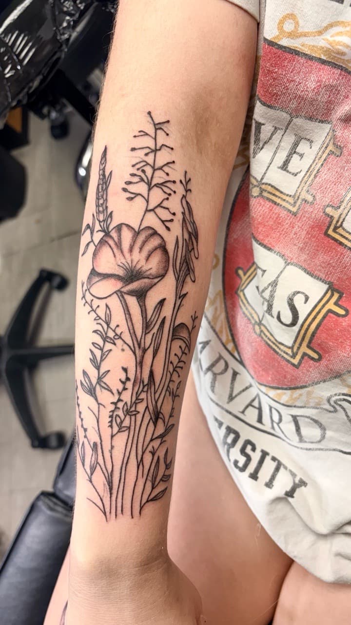 Fine Line + Black & Grey flower tattoo on Forearm by Taking_Art_2_The_Streets on TattMe