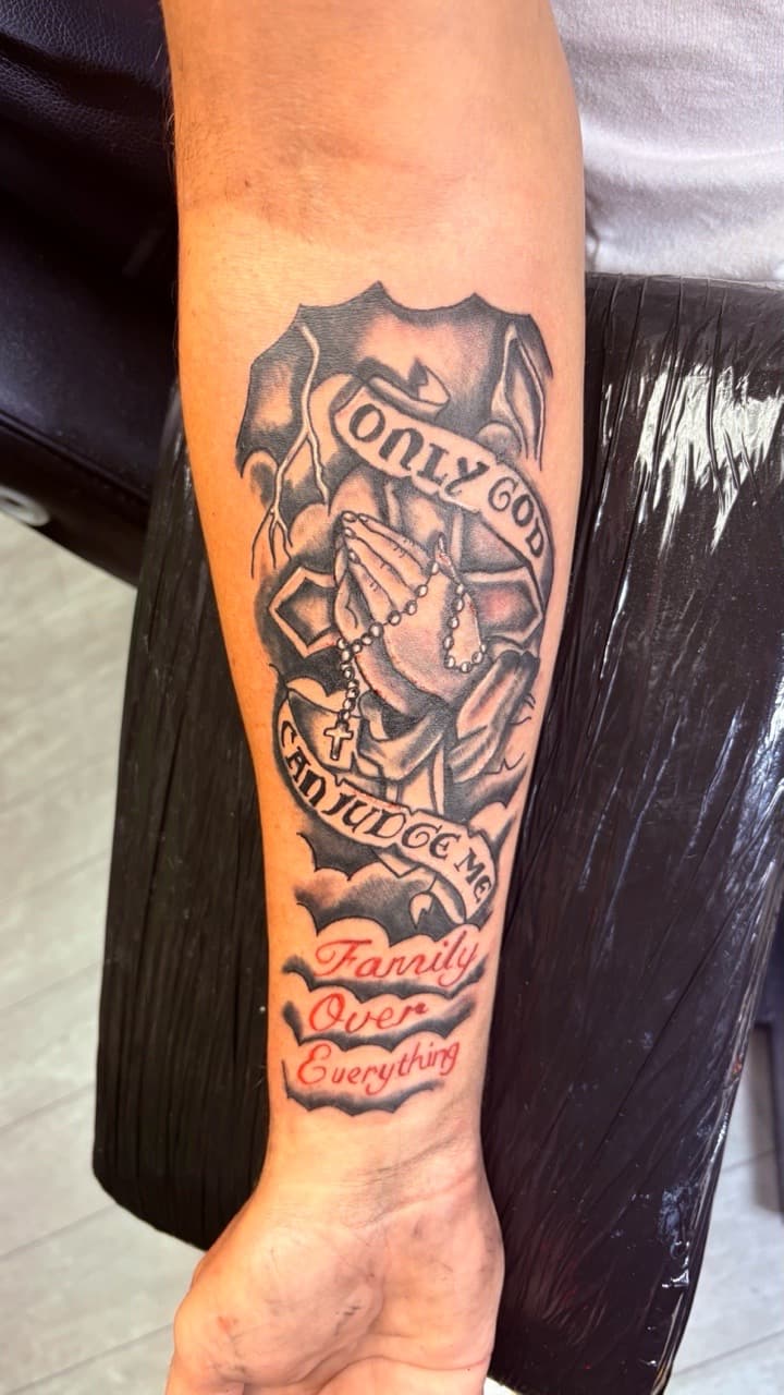 Black & Grey + Lettering praying hands tattoo on Forearm by Taking_Art_2_The_Streets on TattMe