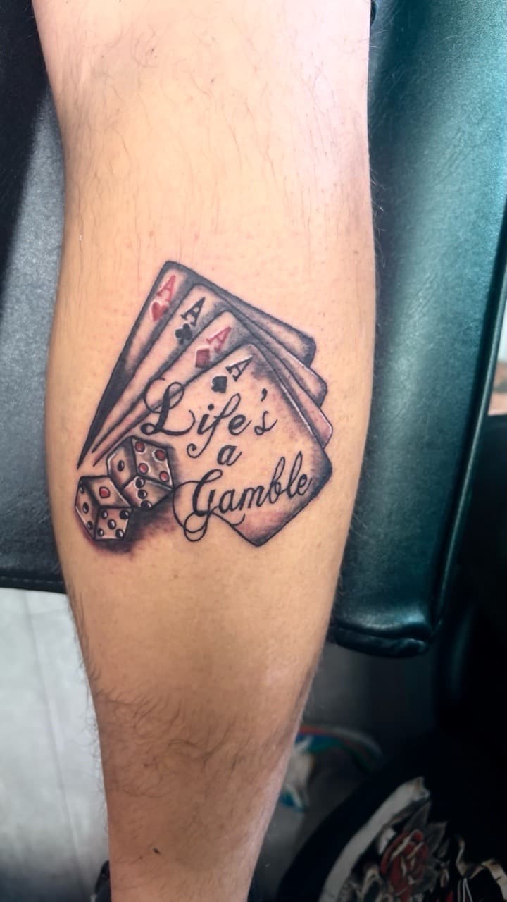 Black & Grey + Script playing cards tattoo on Calf by Taking_Art_2_The_Streets on TattMe